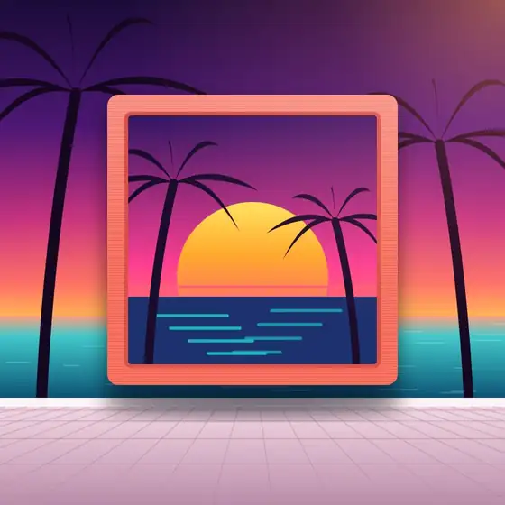 Quadro em relevo com pôr do sol, mar e palmeiras